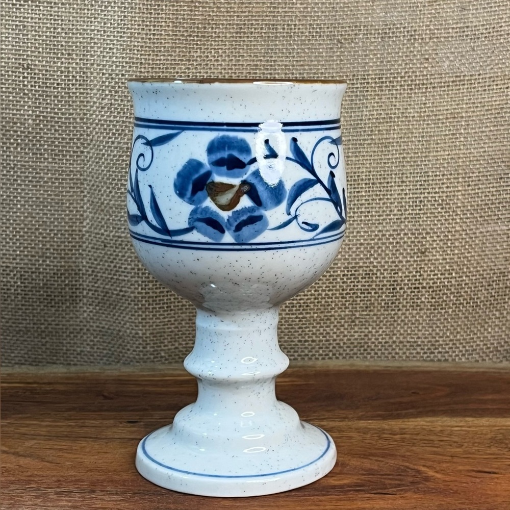 Otagiri Japan Hand Painted Hacienda Goblet by Hozan Blue Floral Wine Goblet